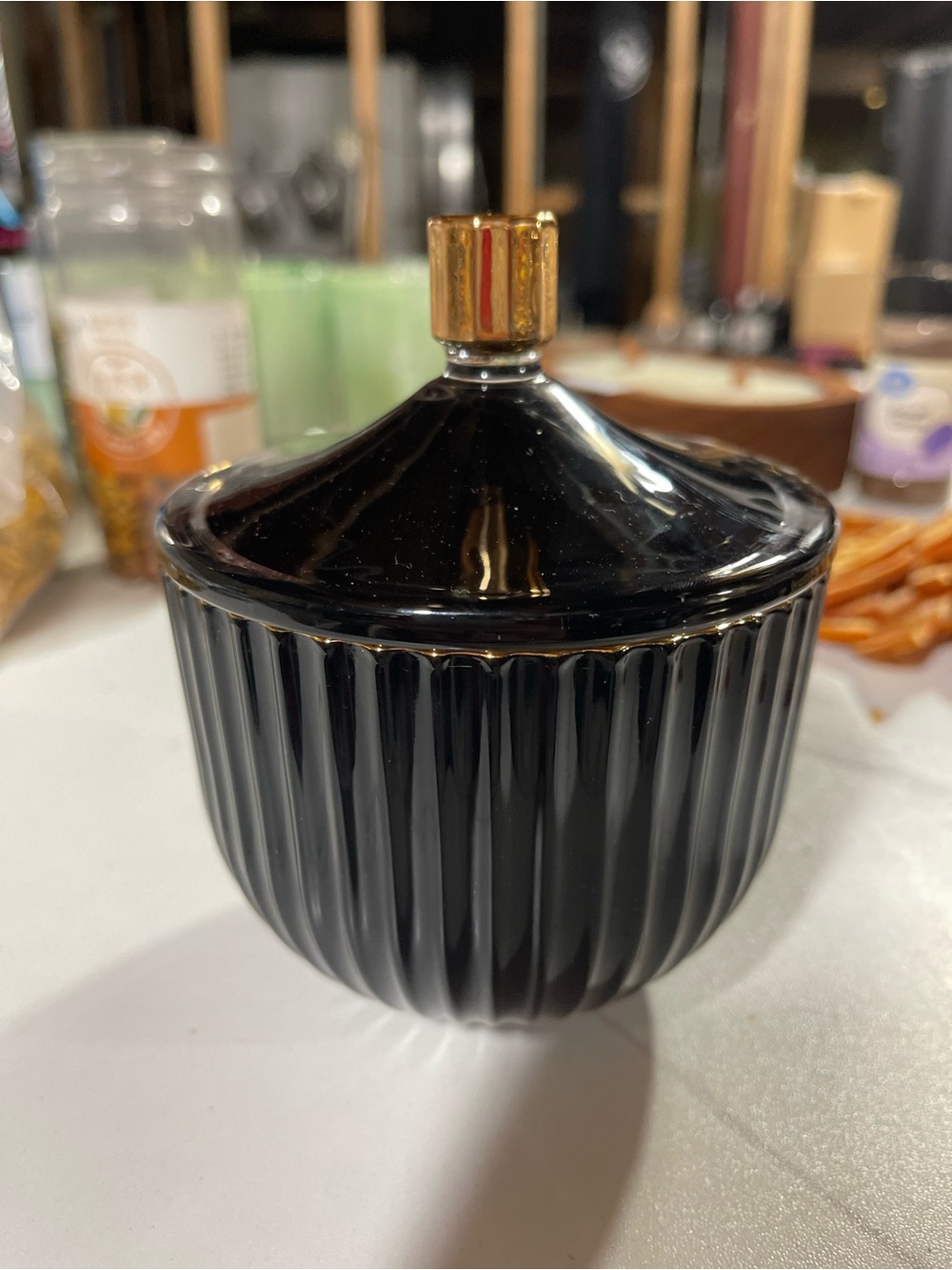 Black Ceramic Lidded Jar with Gold Knob - Home Accents